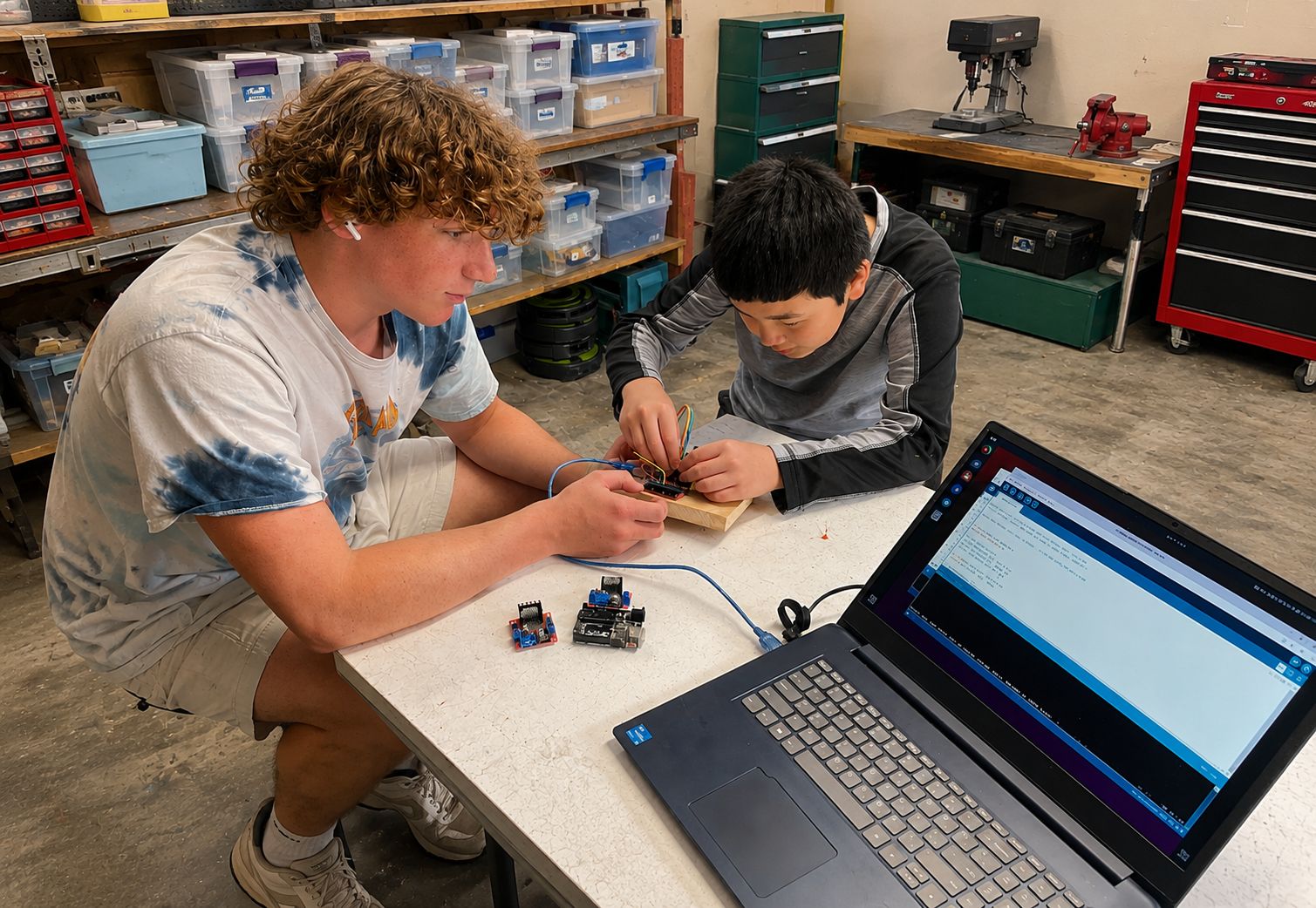 Two students at a Robot Garage workbench
